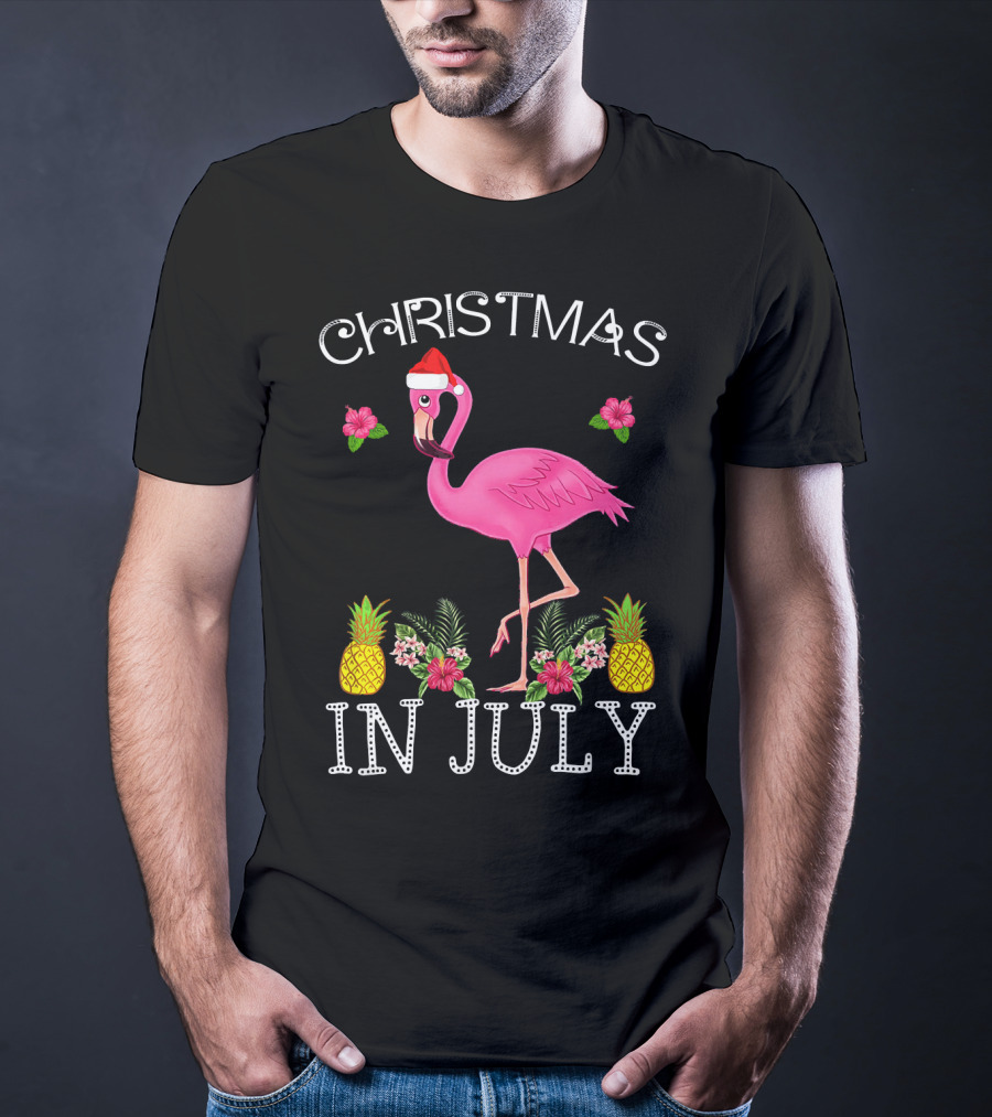Christmas In July Pink Flamingo Santa Hat Pineapples Floral T-Shirt