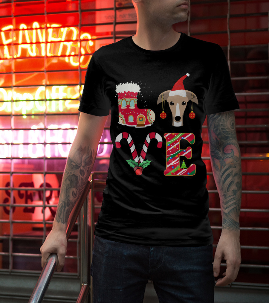 I Love My Greyhound Christmas Love Gingerbread Stocking Santa Hat Candy Cane Ornaments T-Shirt