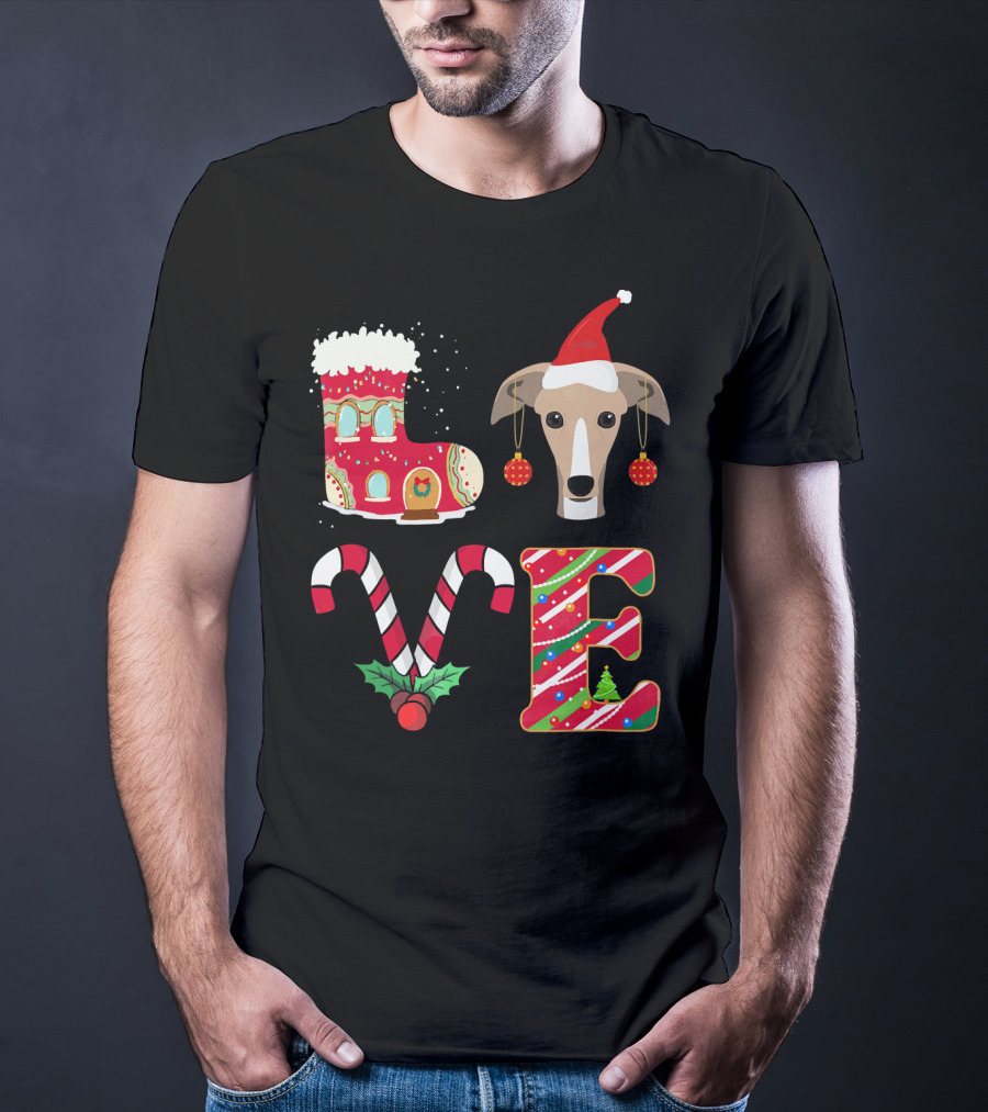 I Love My Greyhound Christmas Love Gingerbread Stocking Santa Hat Candy Cane Ornaments T-Shirt