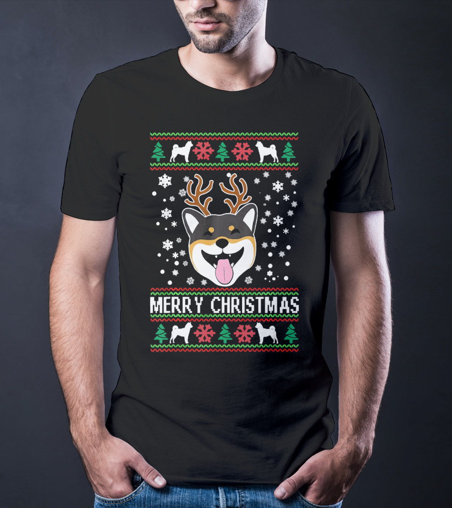 Merry Christmas Shiba Inu Reindeer Antlers Snowflakes Ugly T-Shirt