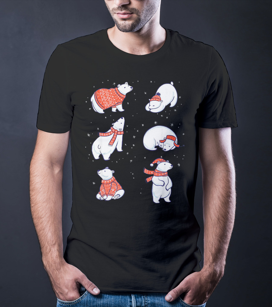 Cute Hand Drawn Polar Bear In Festive Red Sweaters And Scarves T-Shirt