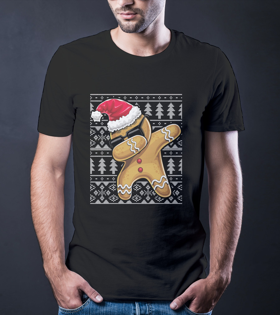 Ugly Christmas Dabbing Gingerbread Cookie Santa Hat T-Shirt