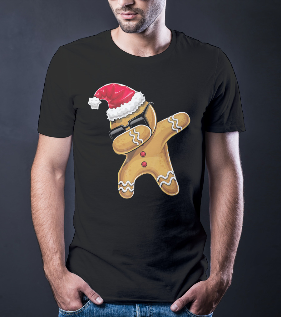Santa Hat Dabbing Gingerbread Man Holiday Baking T-Shirt