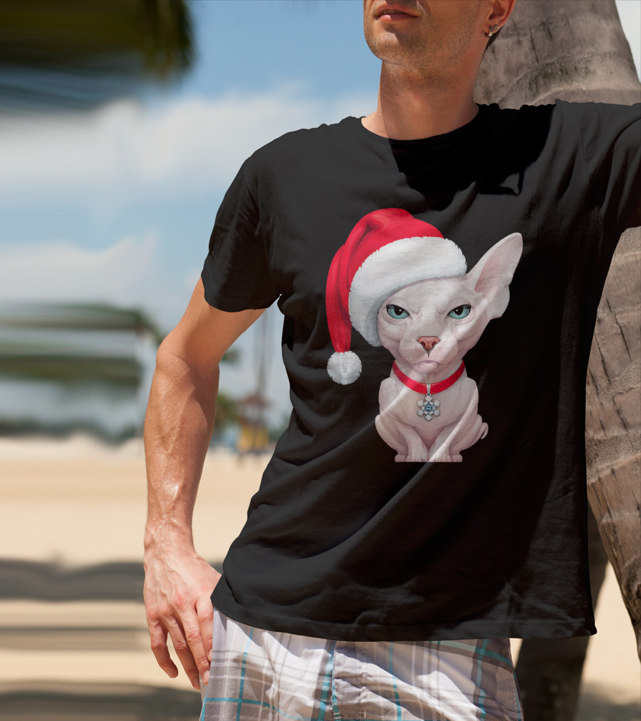 Sphynx Cat Santa Hat Christmas Holiday Festive Pet Charm T-Shirt