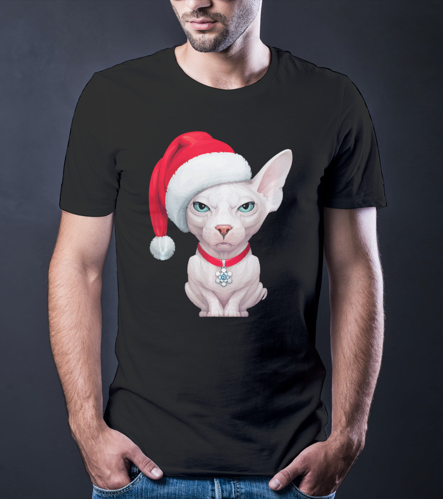 Sphynx Cat Santa Hat Christmas Holiday Festive Pet Charm T-Shirt