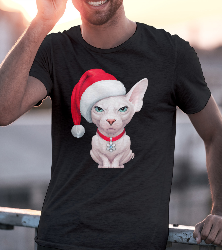 Sphynx Cat Santa Hat Christmas Holiday Festive Pet Charm T-Shirt