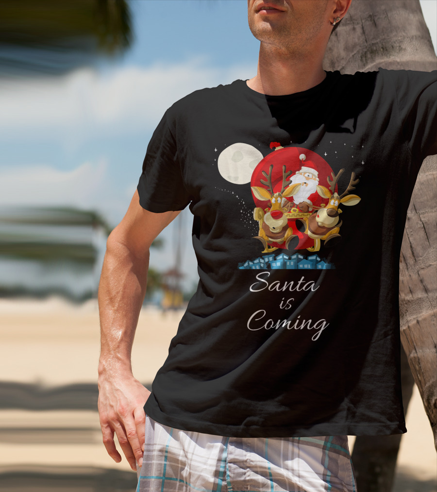 Santa Is Coming With Reindeer Sleigh Under The Moonlight T-Shirt