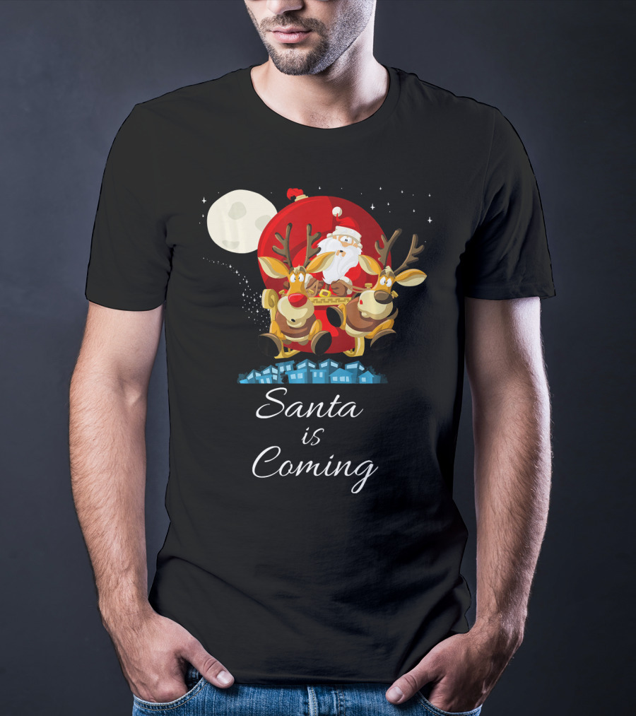 Santa Is Coming With Reindeer Sleigh Under The Moonlight T-Shirt