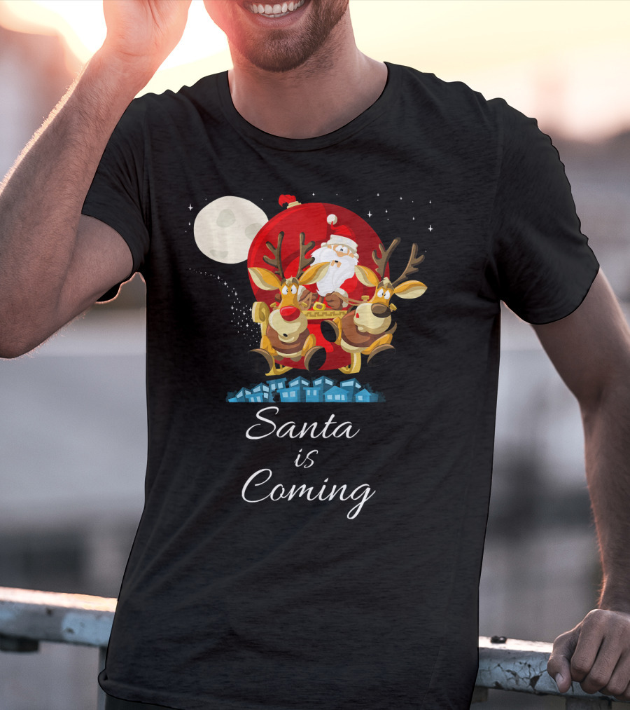 Santa Is Coming With Reindeer Sleigh Under The Moonlight T-Shirt