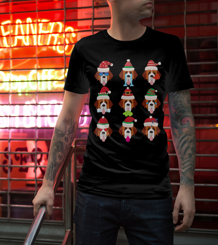 SAINT BERNARD Dog Faces Santa Hat Christmas Expressions T-Shirt