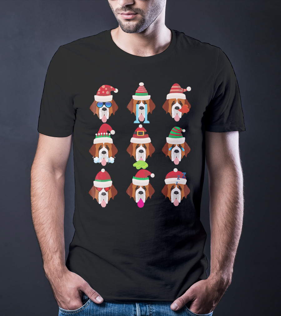 SAINT BERNARD Dog Faces Santa Hat Christmas Expressions T-Shirt