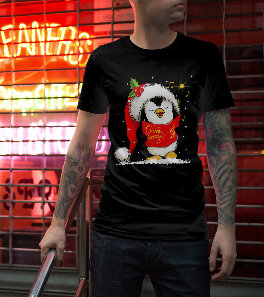 Tee89s Penguin Merry Christmas Song With Santa Hat And Music Notes T-Shirt