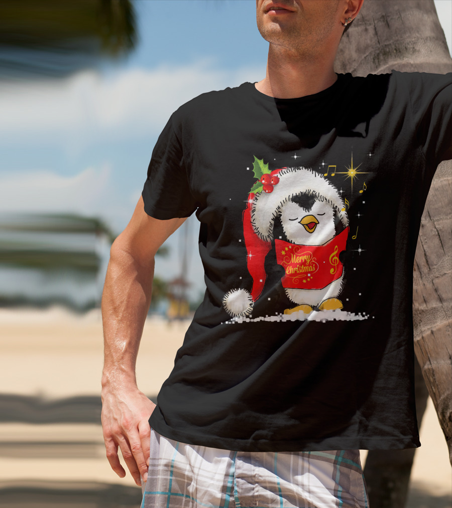 Tee89s Penguin Merry Christmas Song With Santa Hat And Music Notes T-Shirt