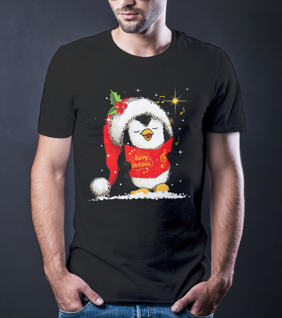 Tee89s Penguin Merry Christmas Song With Santa Hat And Music Notes T-Shirt