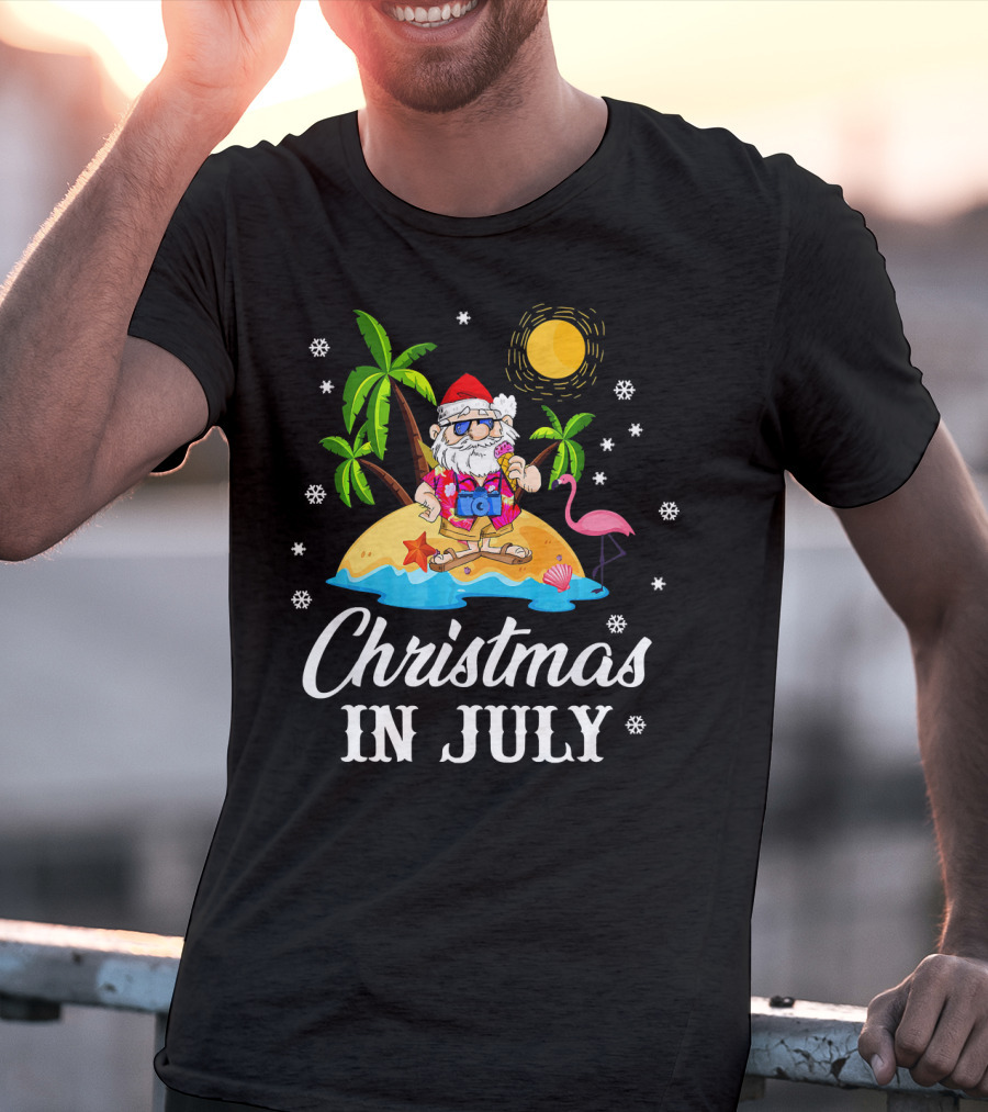 Christmas In July Flamingo Santa On Tropical Island With Palm Trees And Sun T-Shirt