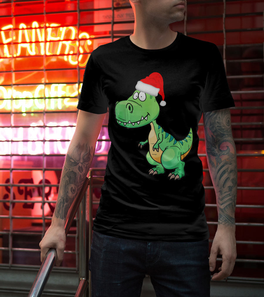 Santa Dinosaur Christmas T-Rex With Santa Hat T-Shirt