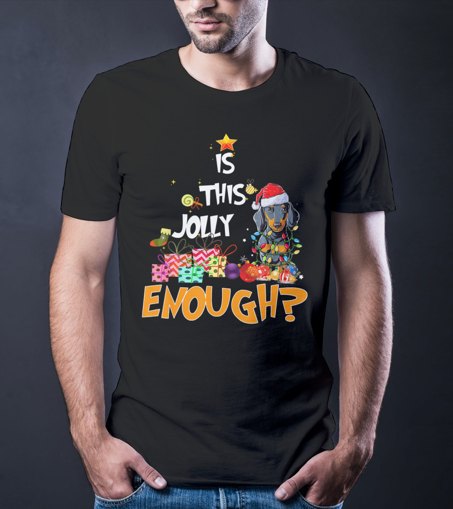 Is This Jolly Enough Dachshund Christmas Lights Santa Hat Gifts T-Shirt