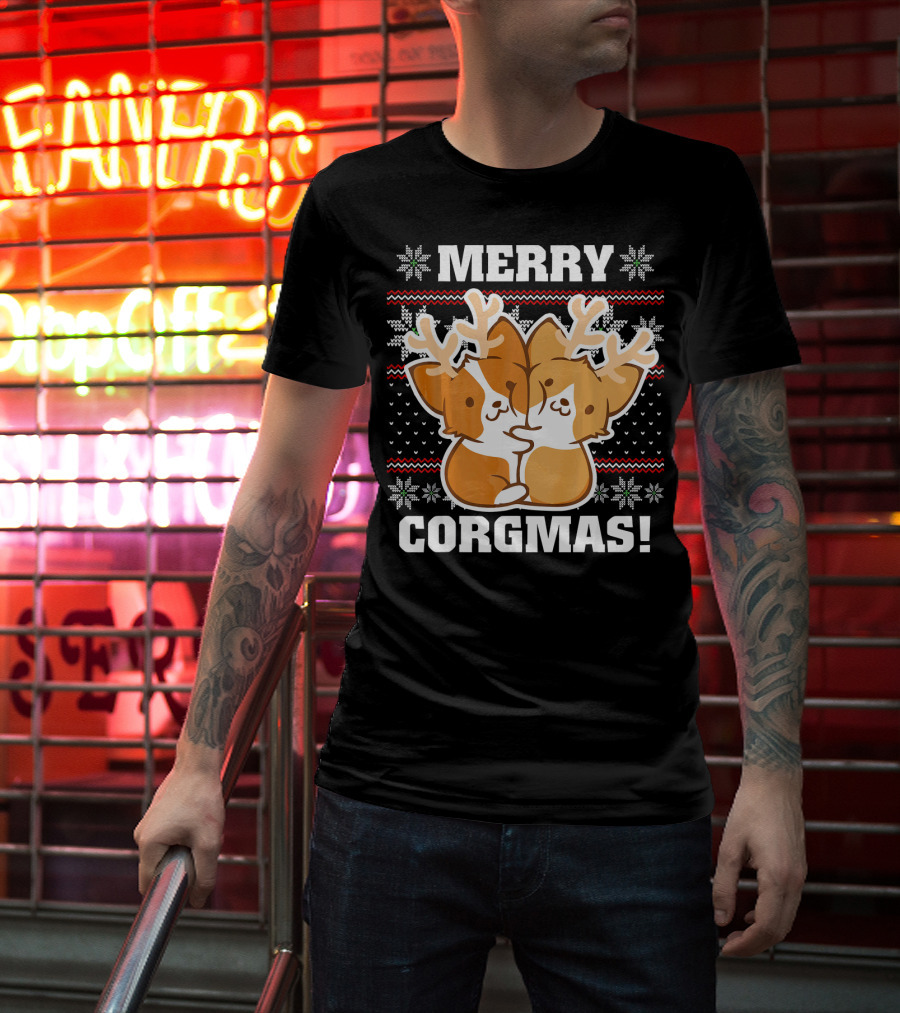 Merry Corgmas Ugly Christmas Sweater With Cute Corgis And Reindeer Antlers T-Shirt