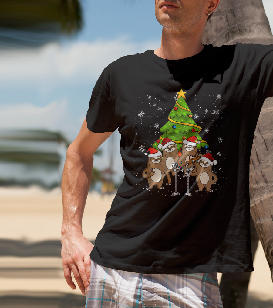 Santa Sloths Singing Festive Cheer Around Christmas Tree T-Shirt
