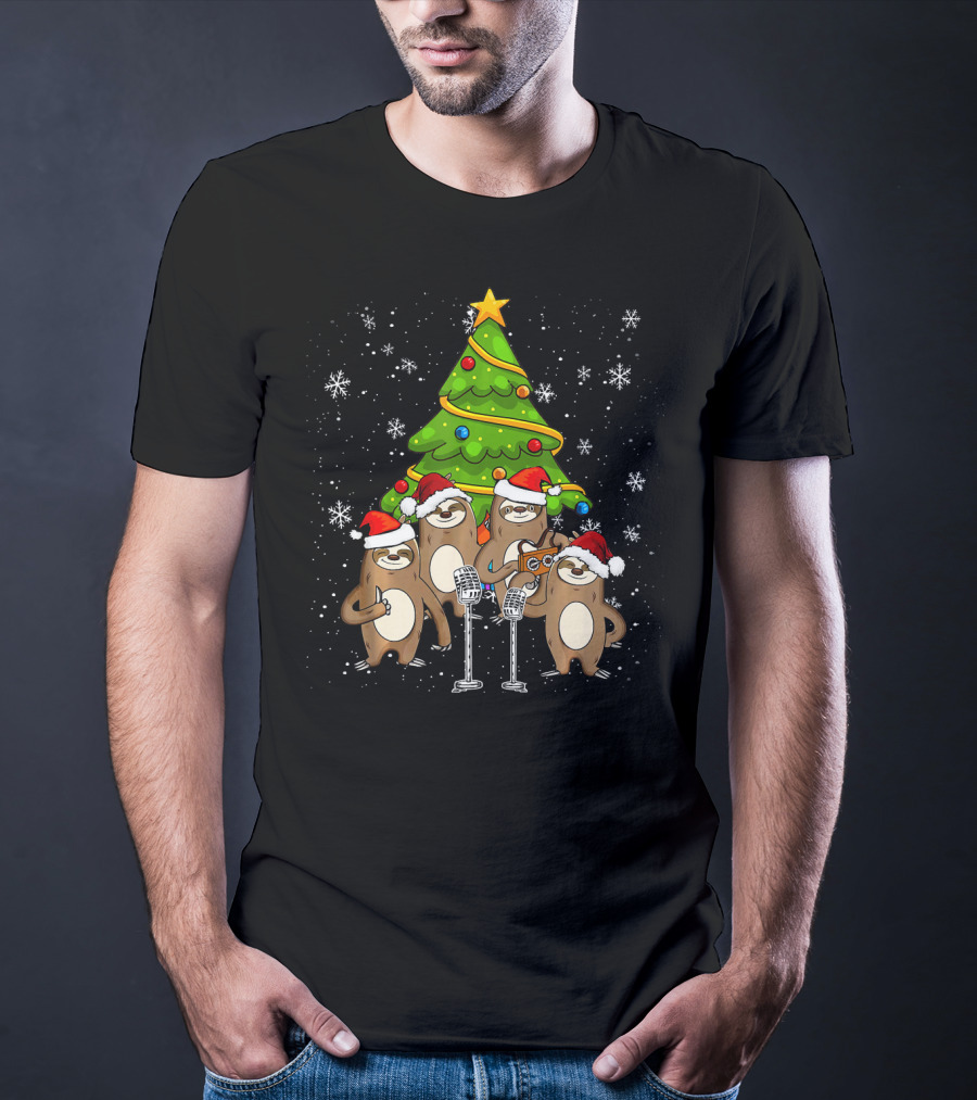 Santa Sloths Singing Festive Cheer Around Christmas Tree T-Shirt