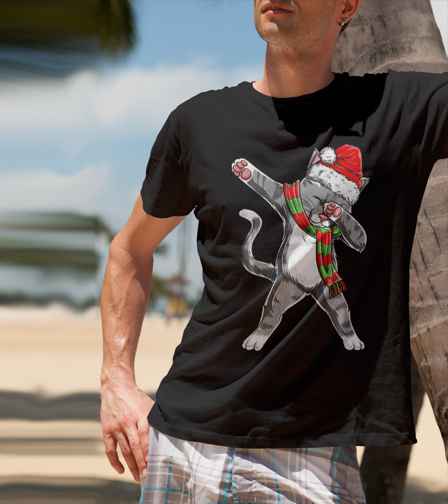 Dabbing Cat Santa Christmas Kids Bo Kitty Santa Hat Green Red Scarf T-Shirt