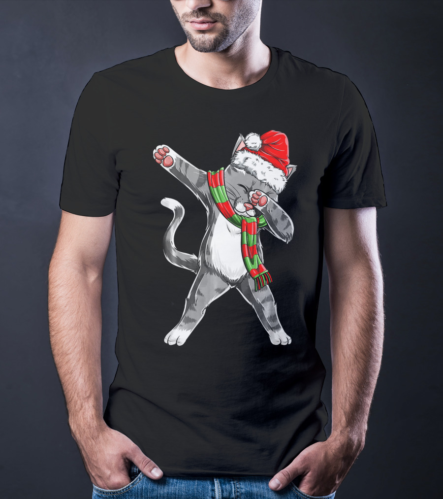 Dabbing Cat Santa Christmas Kids Bo Kitty Santa Hat Green Red Scarf T-Shirt