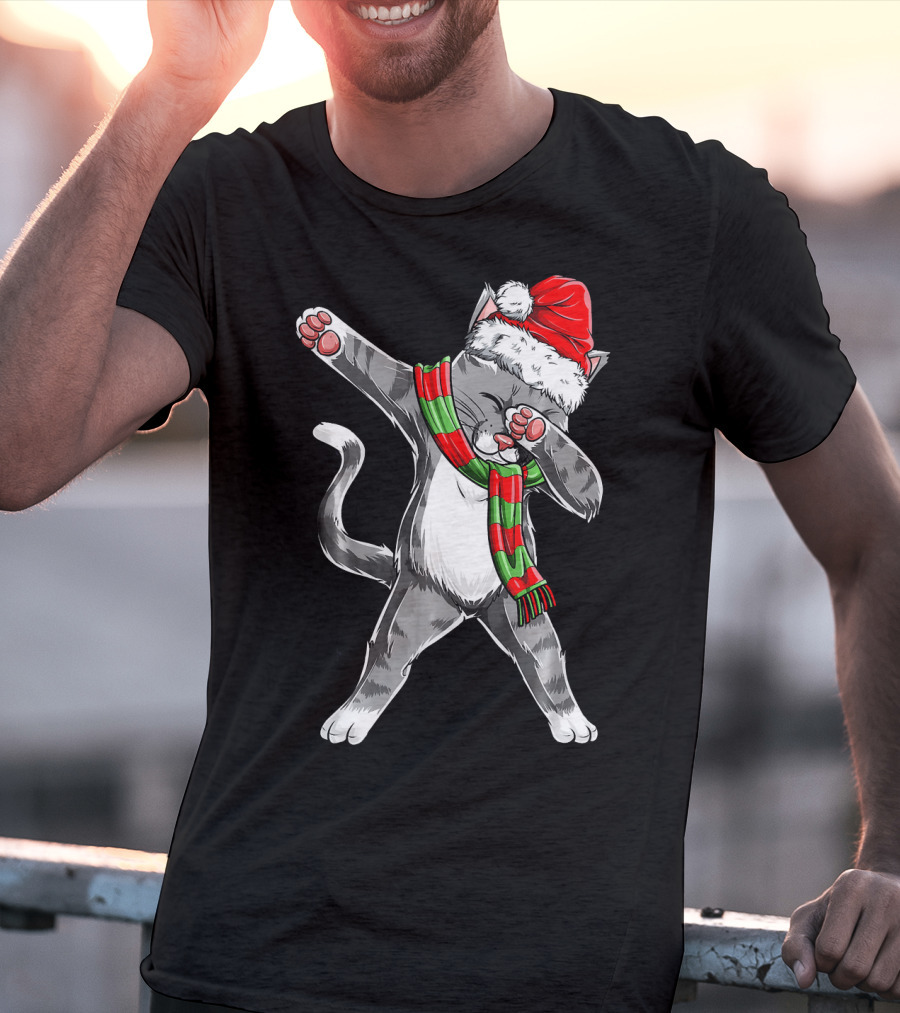 Dabbing Cat Santa Christmas Kids Bo Kitty Santa Hat Green Red Scarf T-Shirt