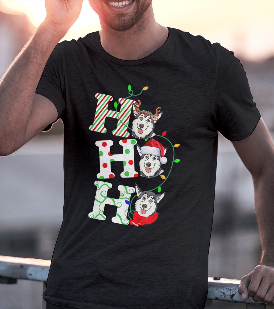 Ho Ho Ho Husky Santa Hat Reindeer Antlers Christmas Lights T-Shirt