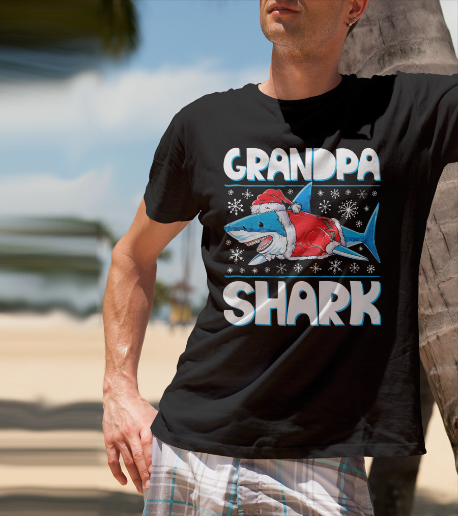 Grandpa Shark In Santa Hat With Snowflakes T-Shirt