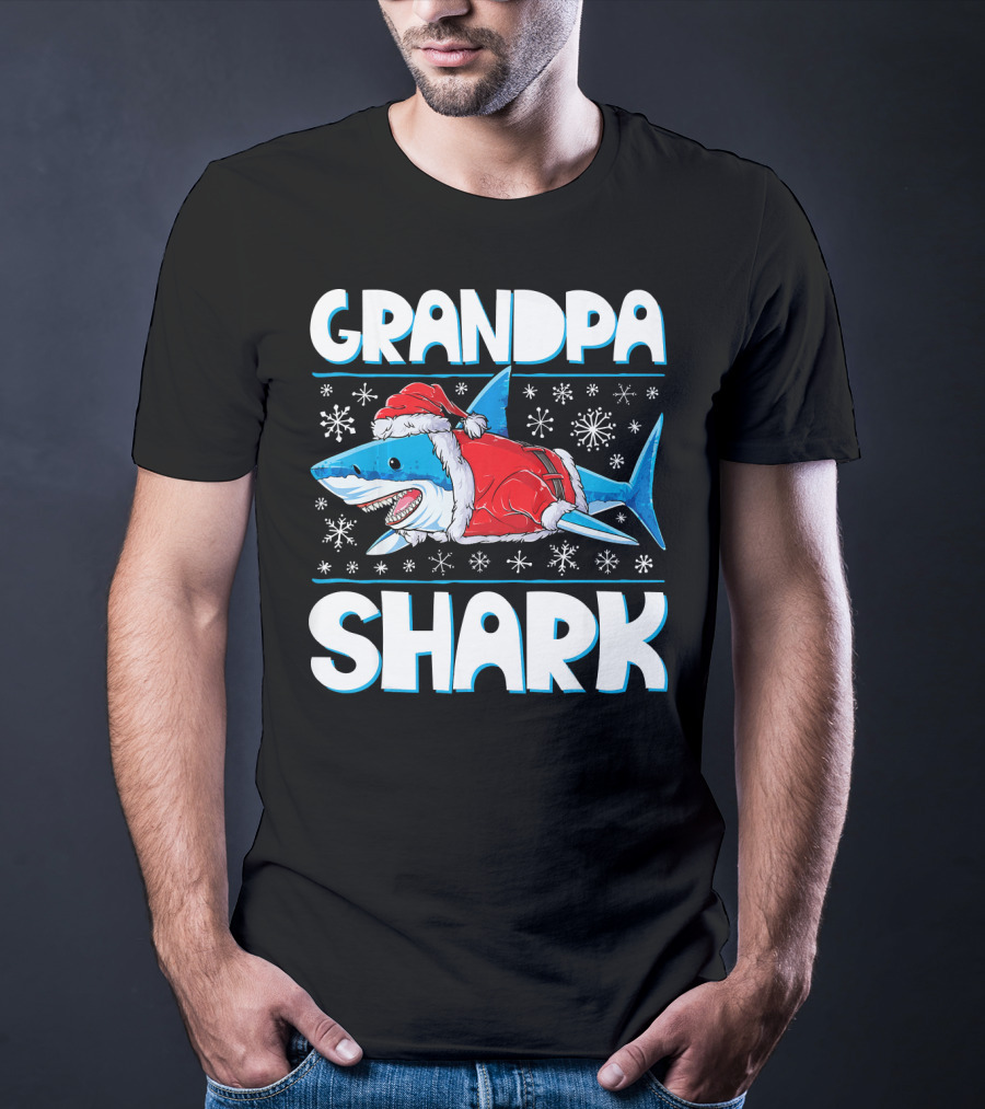Grandpa Shark In Santa Hat With Snowflakes T-Shirt