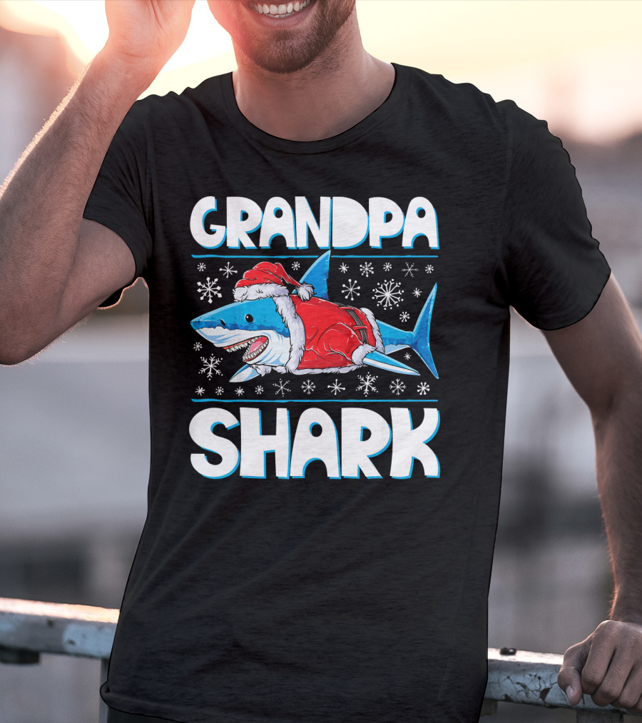 Grandpa Shark In Santa Hat With Snowflakes T-Shirt