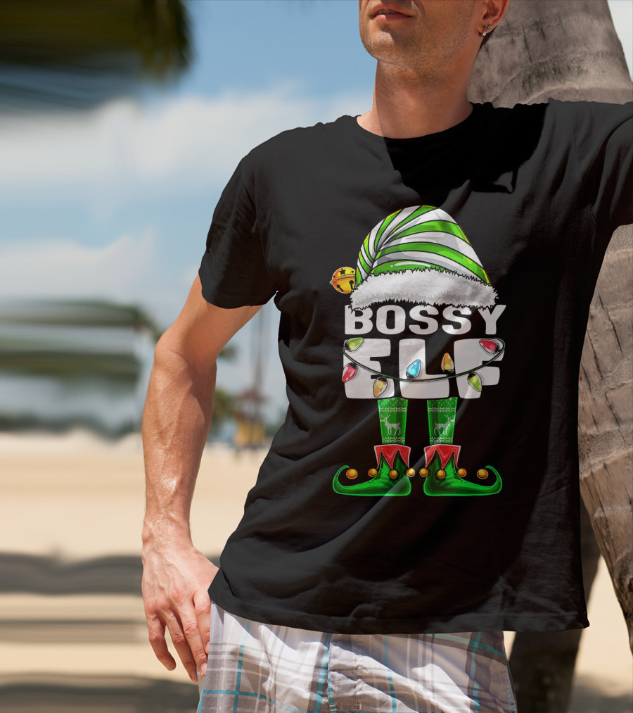 Bossy Elf Christmas Family Matching With Hat And Lights T-Shirt