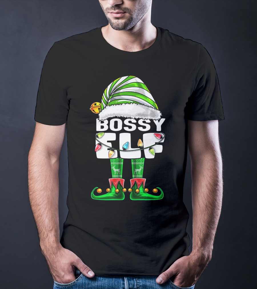 Bossy Elf Christmas Family Matching With Hat And Lights T-Shirt