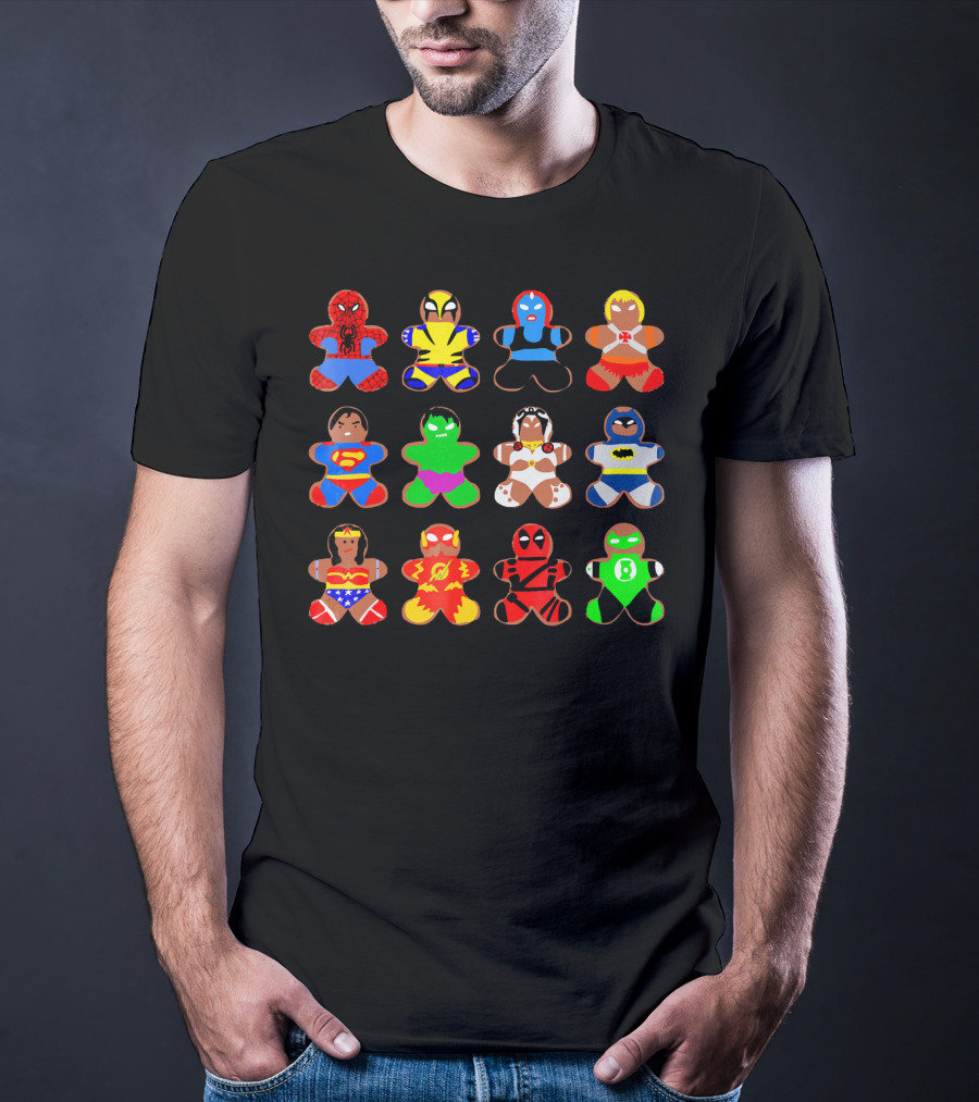 Superhero Gingerbread Man Spider-Man Wolverine Mystique Iron Man Superman Hulk Wonder Woman Flash Deadpool Batman Green Lantern T-Shirt