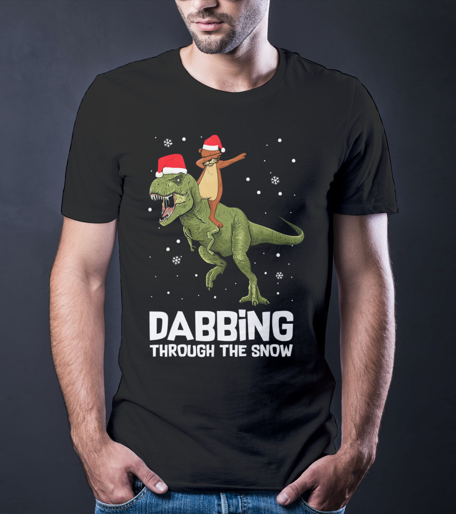 Dabbing Through The Snow Otter Rides Dinosaur Santa Hats T-Shirt