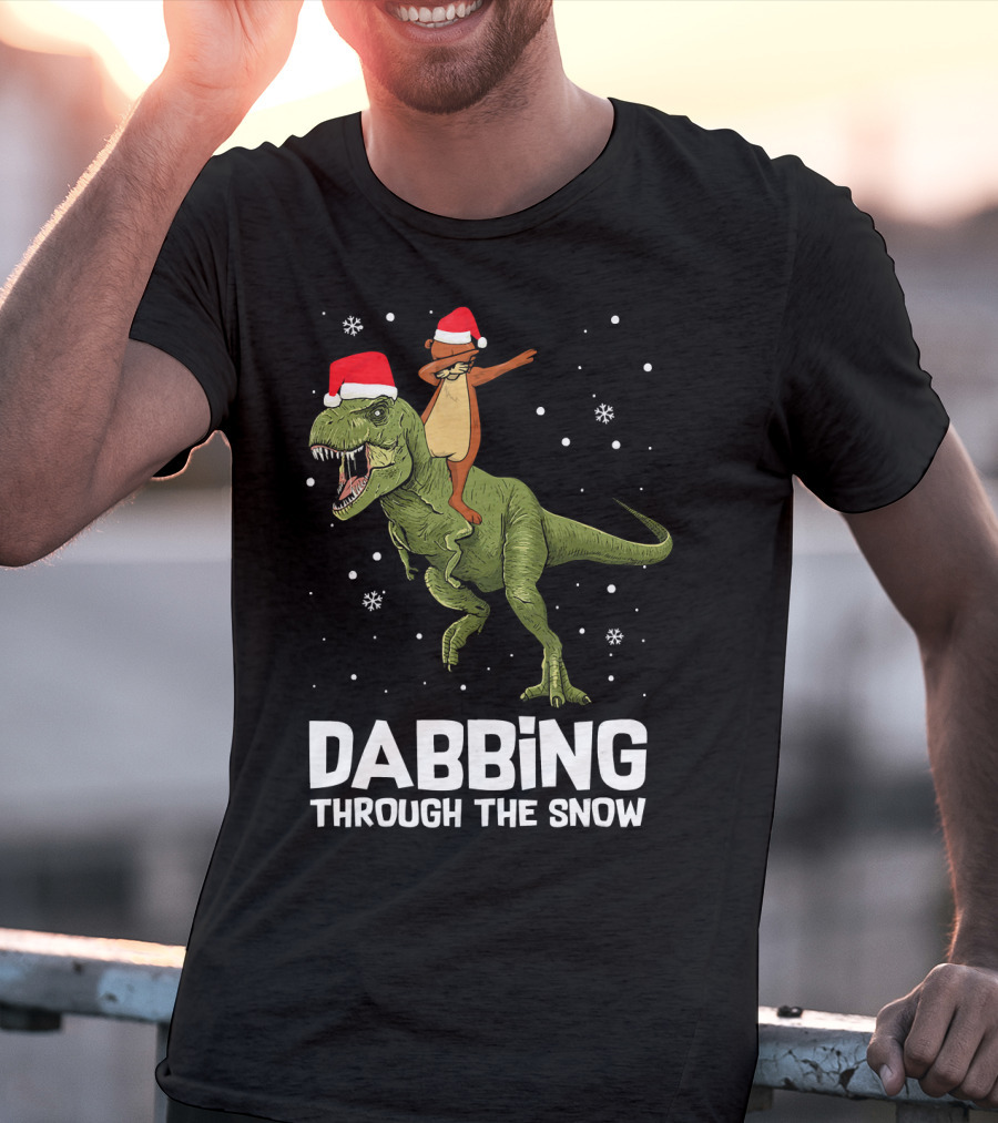 Dabbing Through The Snow Otter Rides Dinosaur Santa Hats T-Shirt