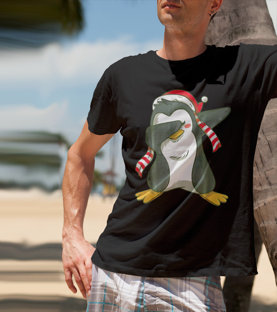 Dabbing Penguin In Santa Hat With Striped Scarf T-Shirt