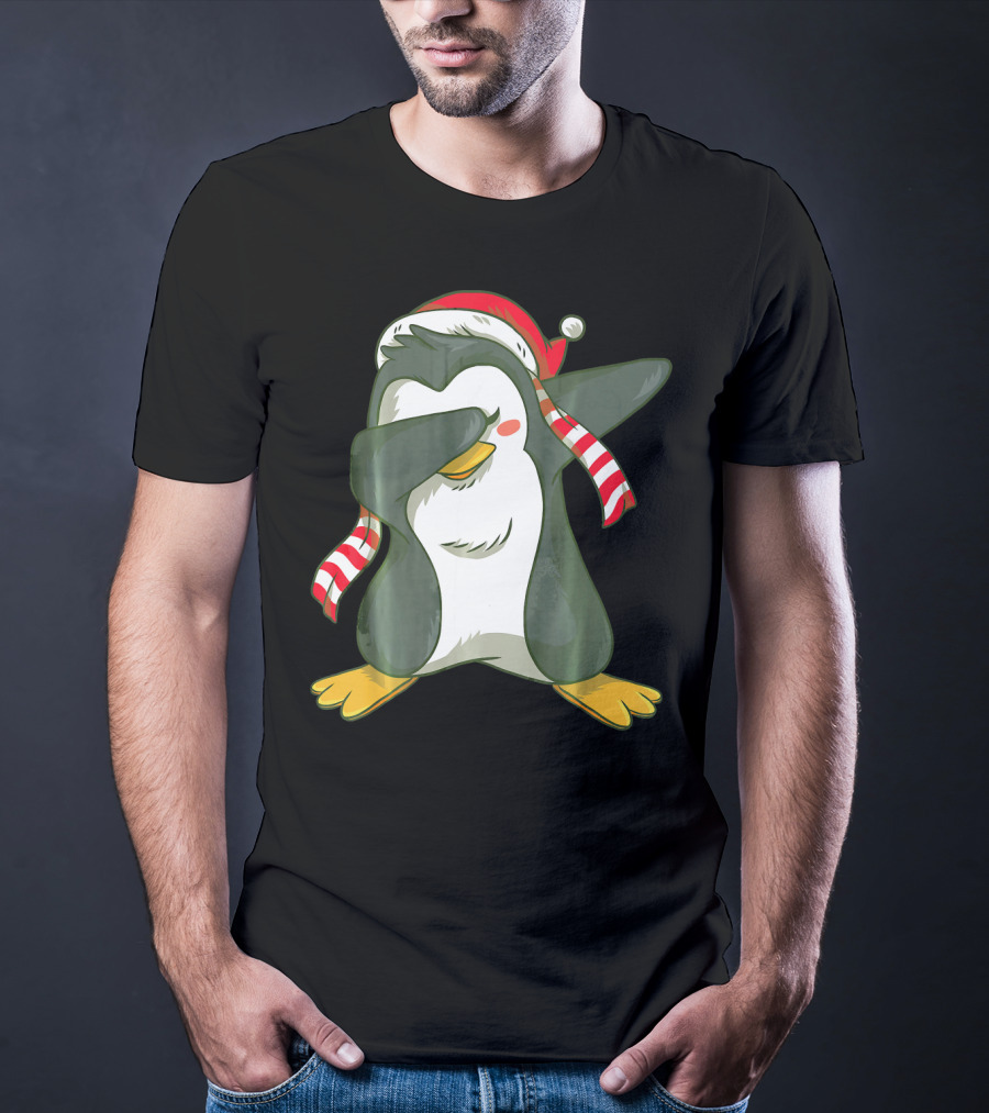 Dabbing Penguin In Santa Hat With Striped Scarf T-Shirt