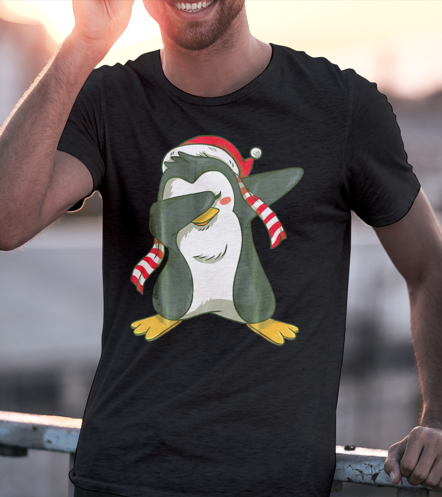 Dabbing Penguin In Santa Hat With Striped Scarf T-Shirt