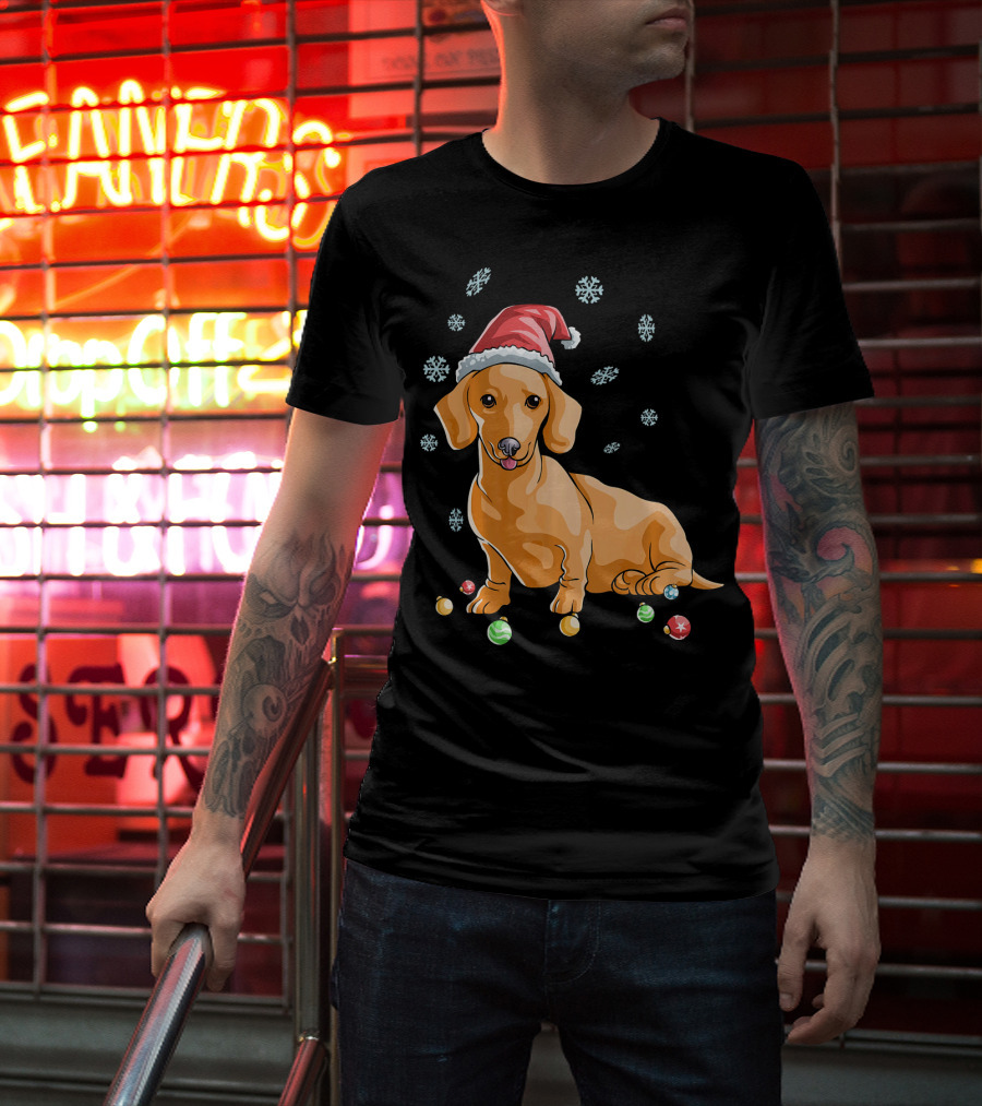 Wiener Dog Dachshund Puppy Santa Hat Snowflakes Holiday T-Shirt