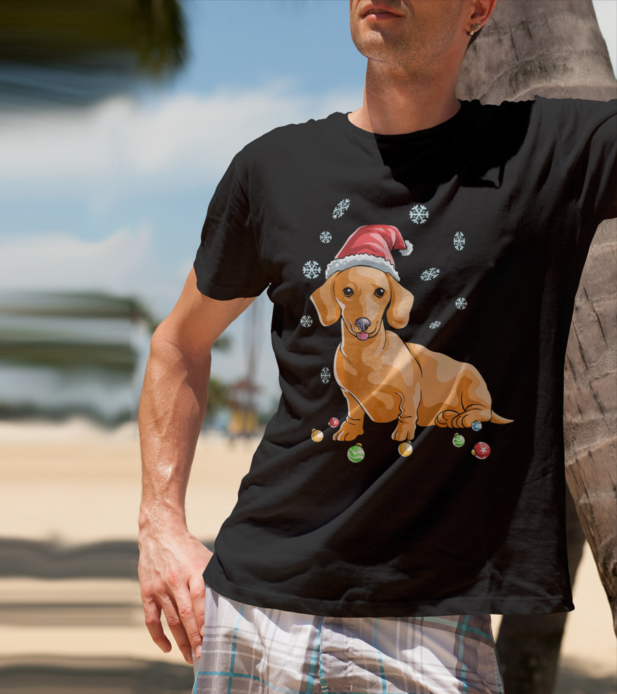 Wiener Dog Dachshund Puppy Santa Hat Snowflakes Holiday T-Shirt