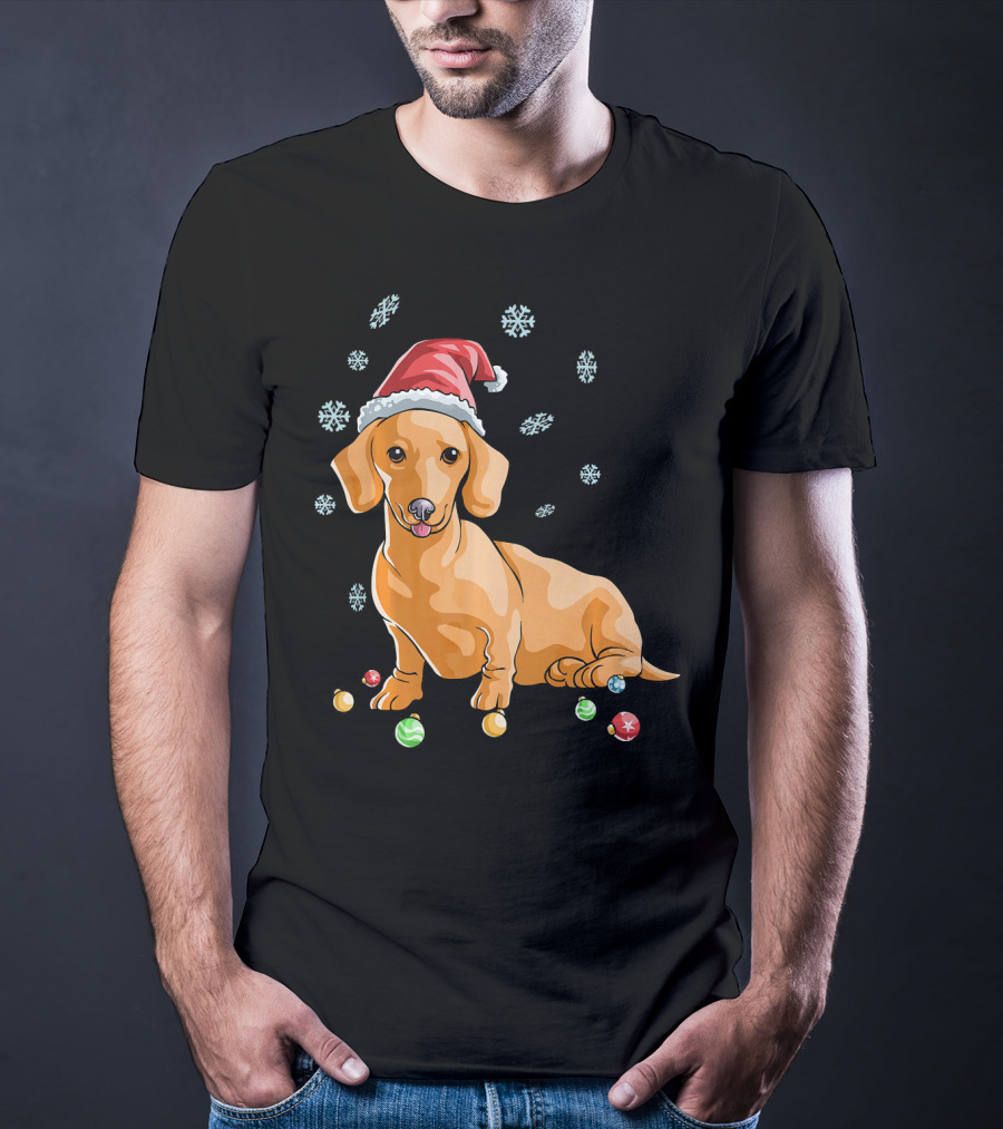 Wiener Dog Dachshund Puppy Santa Hat Snowflakes Holiday T-Shirt