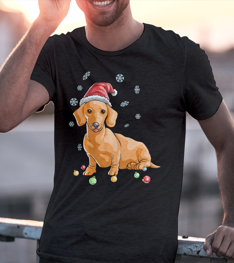 Wiener Dog Dachshund Puppy Santa Hat Snowflakes Holiday T-Shirt