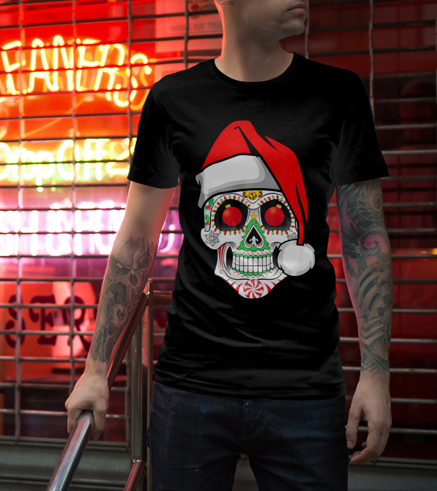 Jingle Jangle Christmas Sugar Skull Santa Hat Peppermint T-Shirt