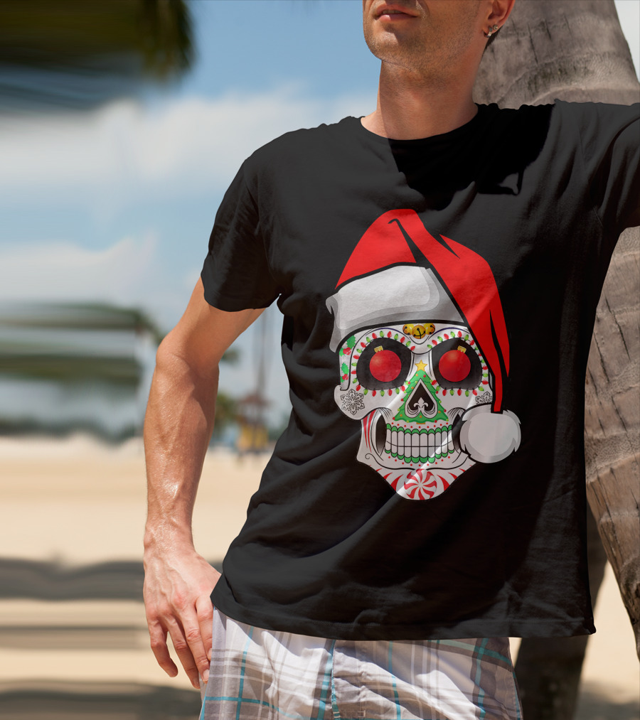 Jingle Jangle Christmas Sugar Skull Santa Hat Peppermint T-Shirt