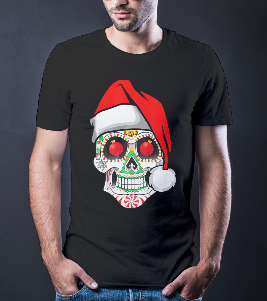 Jingle Jangle Christmas Sugar Skull Santa Hat Peppermint T-Shirt