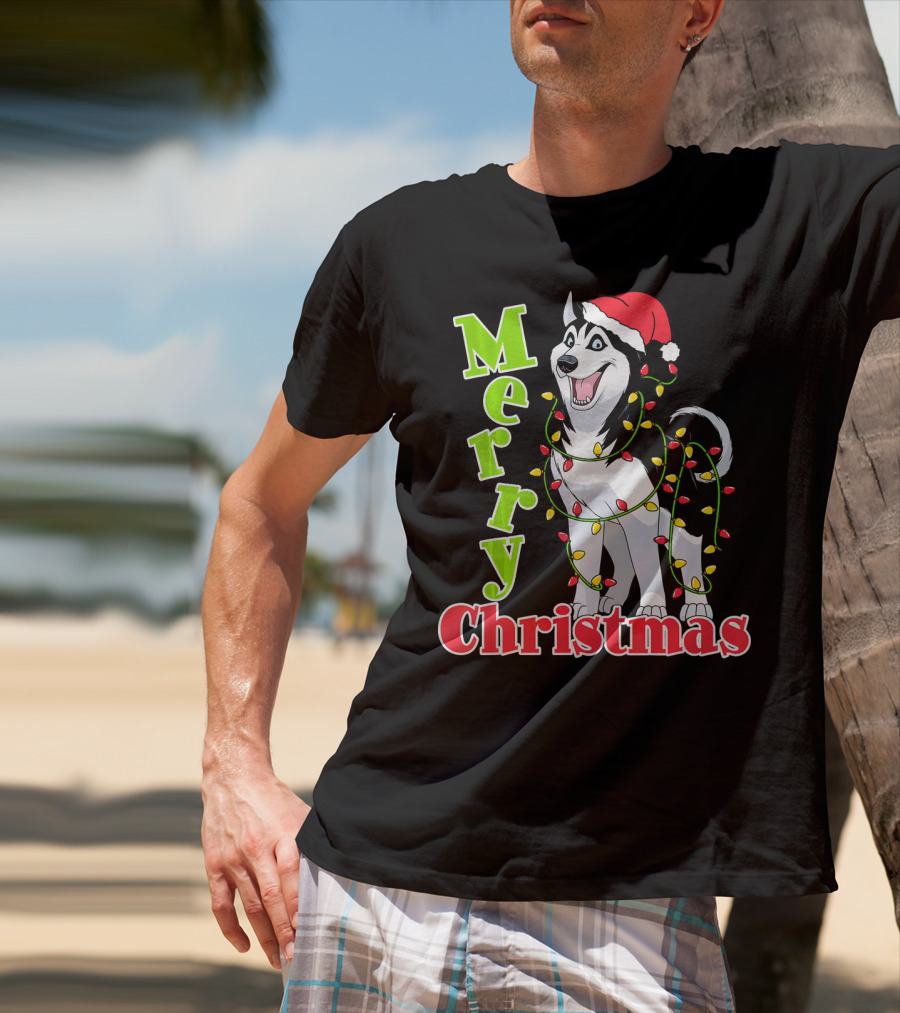 Merry Christmas Husky Festive Lights Holiday Santa Hat T-Shirt