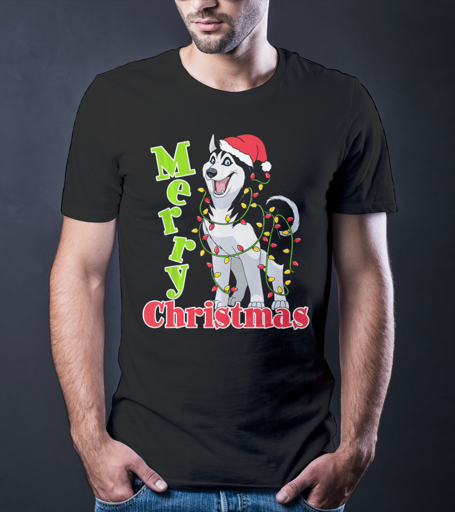 Merry Christmas Husky Festive Lights Holiday Santa Hat T-Shirt