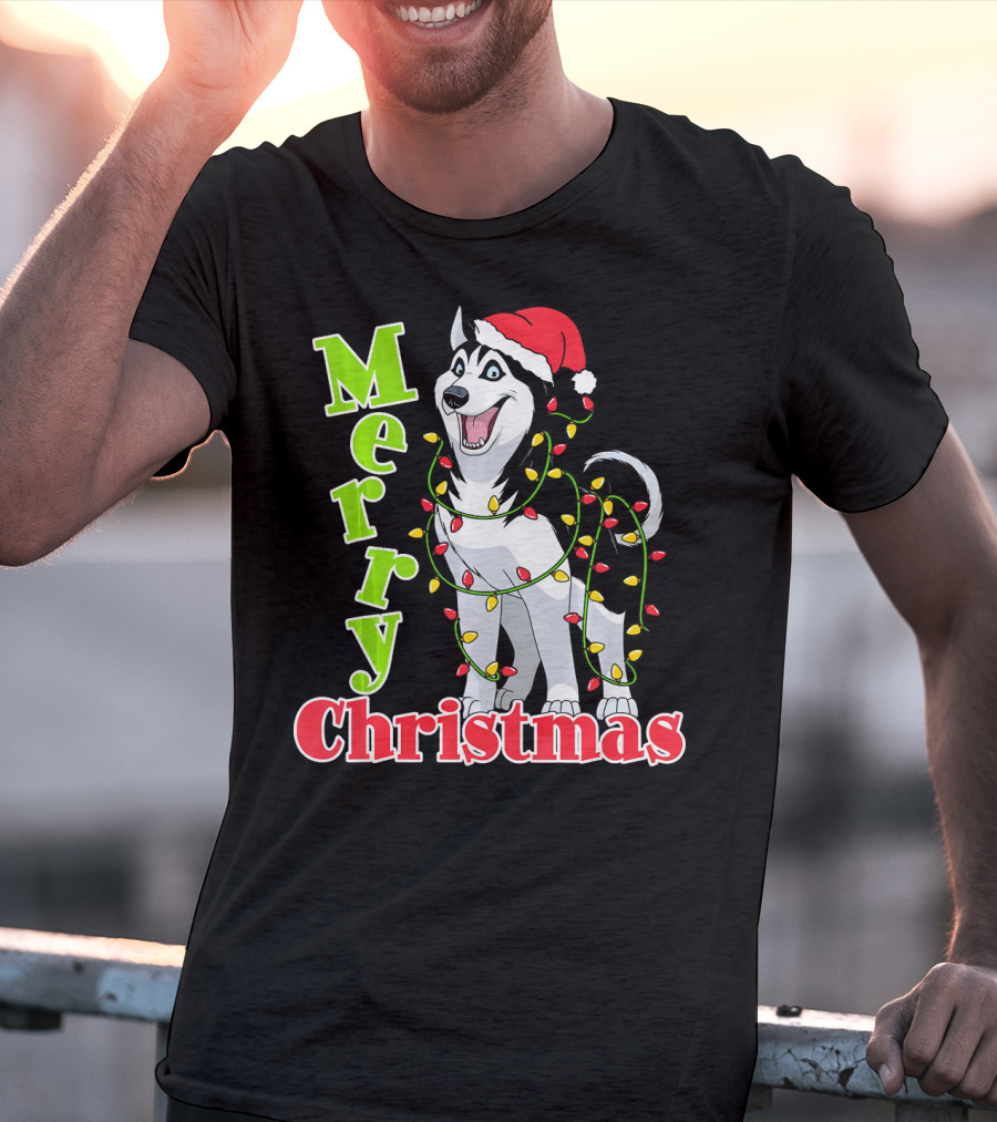 Merry Christmas Husky Festive Lights Holiday Santa Hat T-Shirt