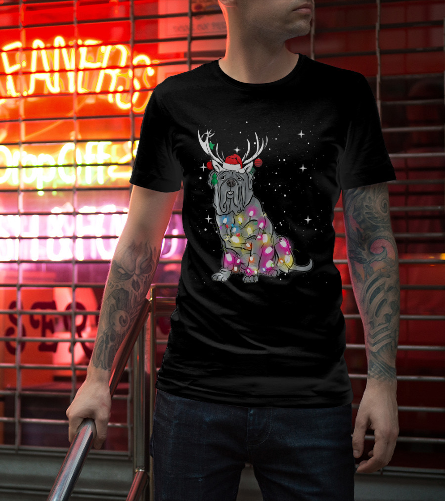 Neapolitan Mastiff With Christmas Lights And Santa Hat In Snowy Night T-Shirt